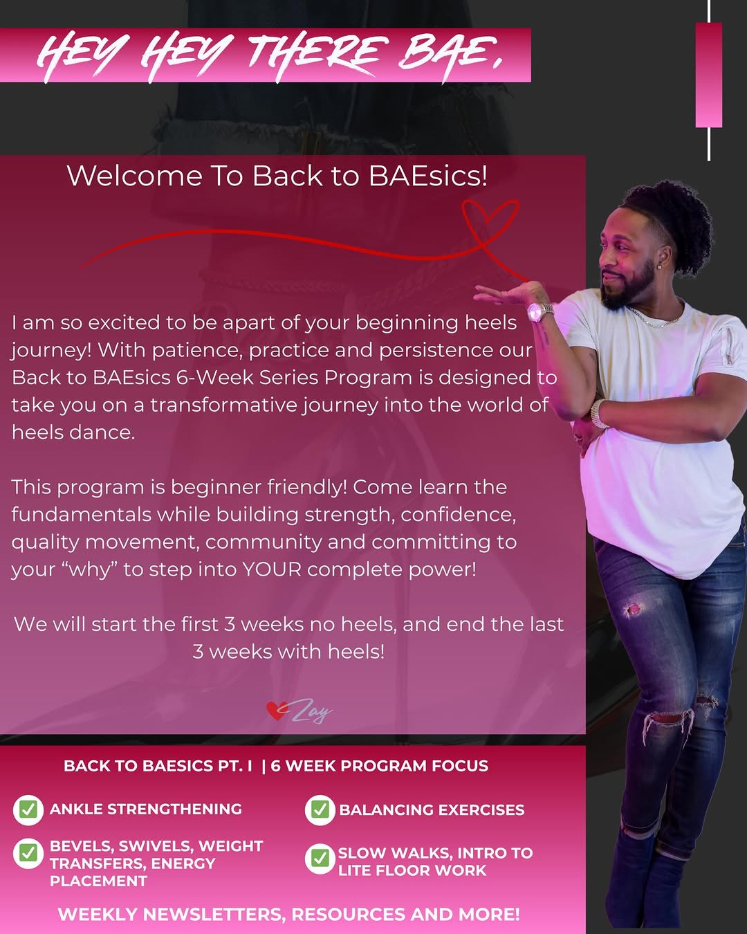 Zay's BAEs audition flyer: Back to BAEsics beginner heels series details