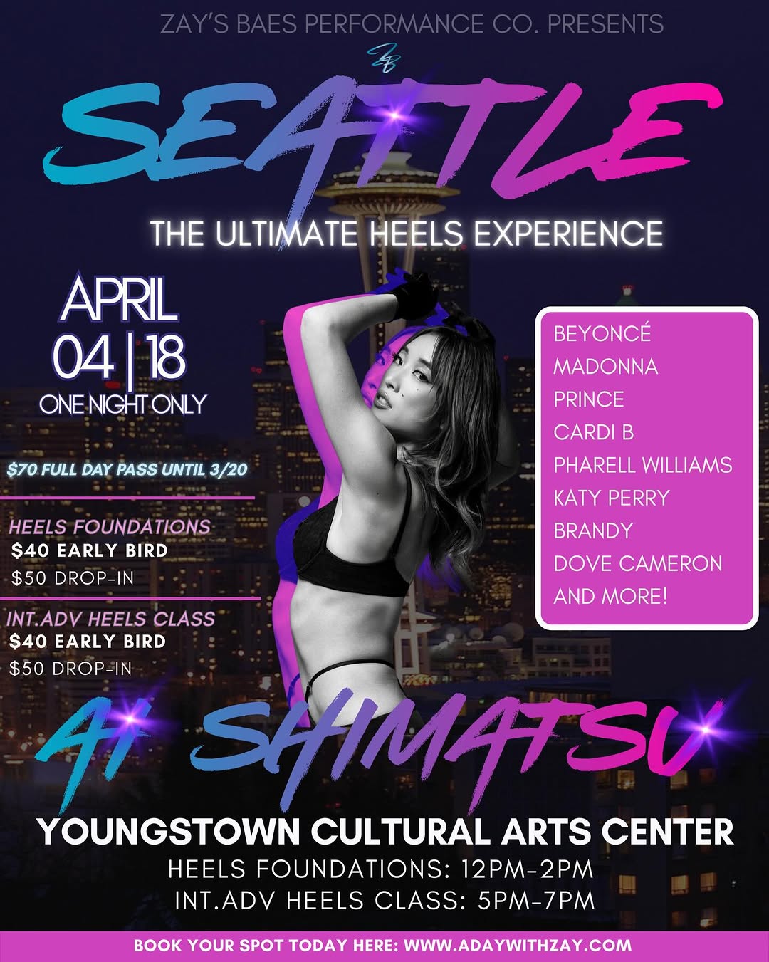 Seattle Ultimate Heels Experience flyer: Beyonce-inspired event with Zay's BAEs