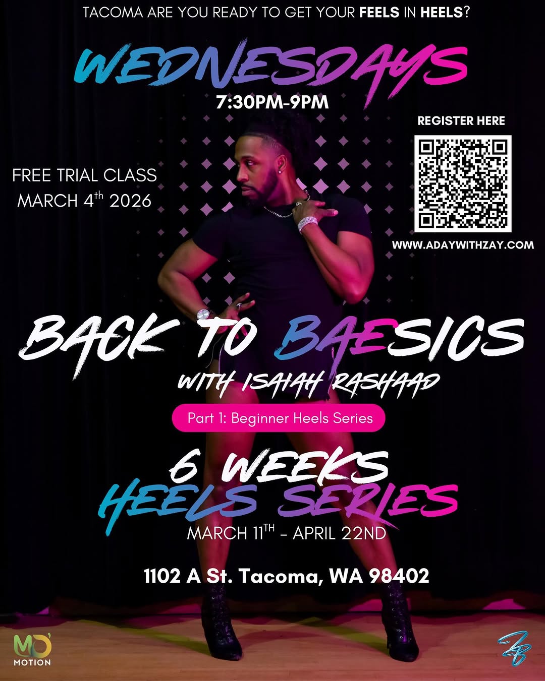 Tacoma Wednesday Heels flyer: purple tones with Zay dancing, representing certified instruction expansion